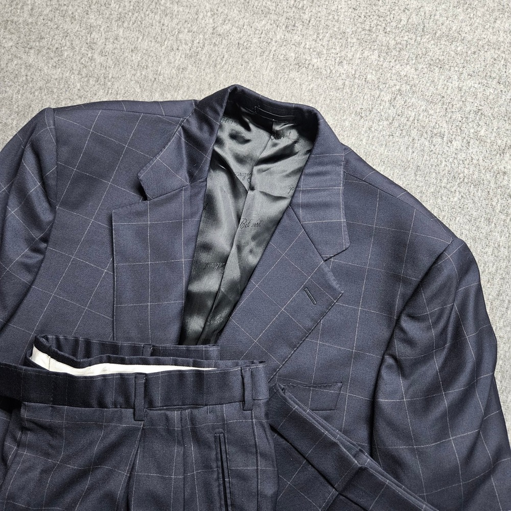 Belvest Suit Mens 46/40 Navy Blue Super 160s Wool Windowpane Made in Italy